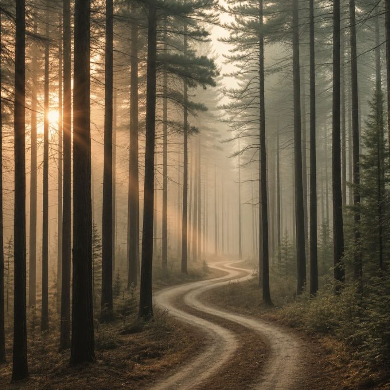 A dirt road winding through pines at sunrise
