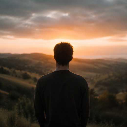 A man standing on a ridge looking out at the sunset