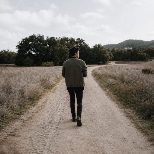 A man walking a dirt road through open country