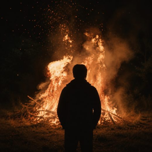 A man standing in front of a large fire at night