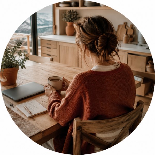 A woman at a kitchen table with a cup of coffee and a notebook