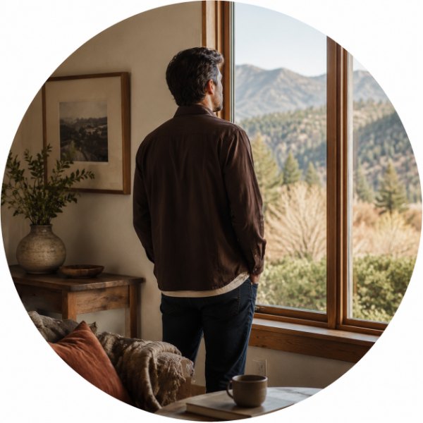 A person standing at a window looking out at the mountains