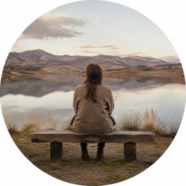 A woman sitting alone on a bench looking out over a lake