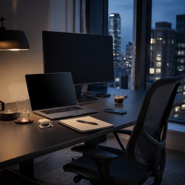 An empty desk with a laptop and notebook beside a window at night