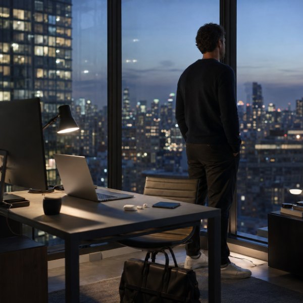 A man standing at a high-rise office window at dusk, looking out over the city