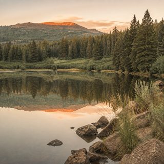 Mountain lake at first light with pines reflected on the water